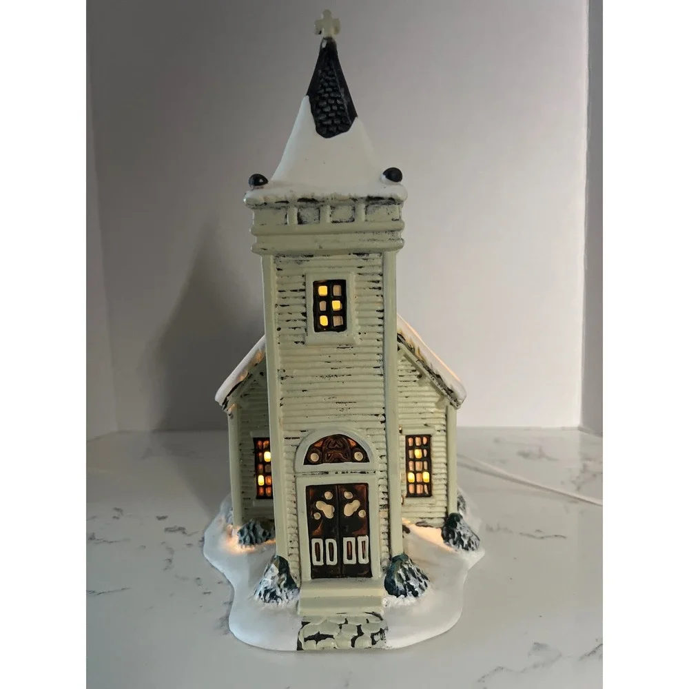 Vintage Style Lighted Christmas Village Church Snow‎ Covered Winter Decor White